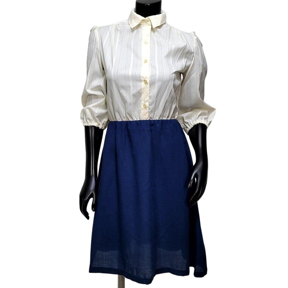 Vintage 70s 80s Secretary Shirt Dress Cream Navy Blue Pinstripe Puff Sleeve